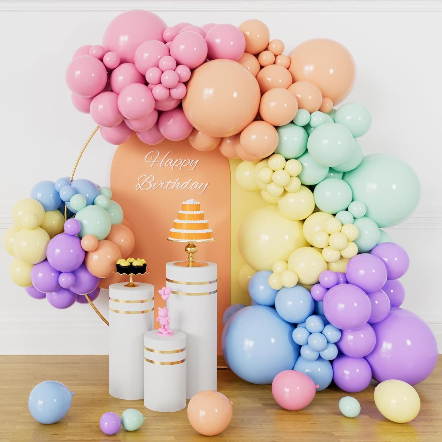 Bộ Vòm Vòng Hoa Bóng Bay Cầu Vồng Pastel